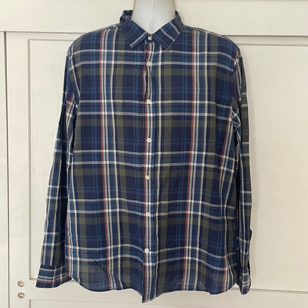 Banana Republic Mens XL Untucked Slim‎ Fit Plaid Cotton Button Down Shirt Navy